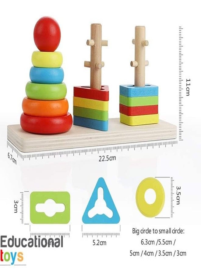 CLAPONE Wooden Rainbow Rings Tower Geometric Shape Recognition, Sorting, Stacking and Plugging; Stacker Building Educational Learning Toy Game for 3 4 5 Years Old Toddlers(14 Pieces) - Image 2